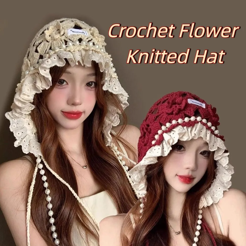 

Vintage Pearl Tassels Crochet Flower Knitted Hat Hollow Out Thin Knit Cap Handmade Bohemian Style Ethnic Style Hat Outdoor