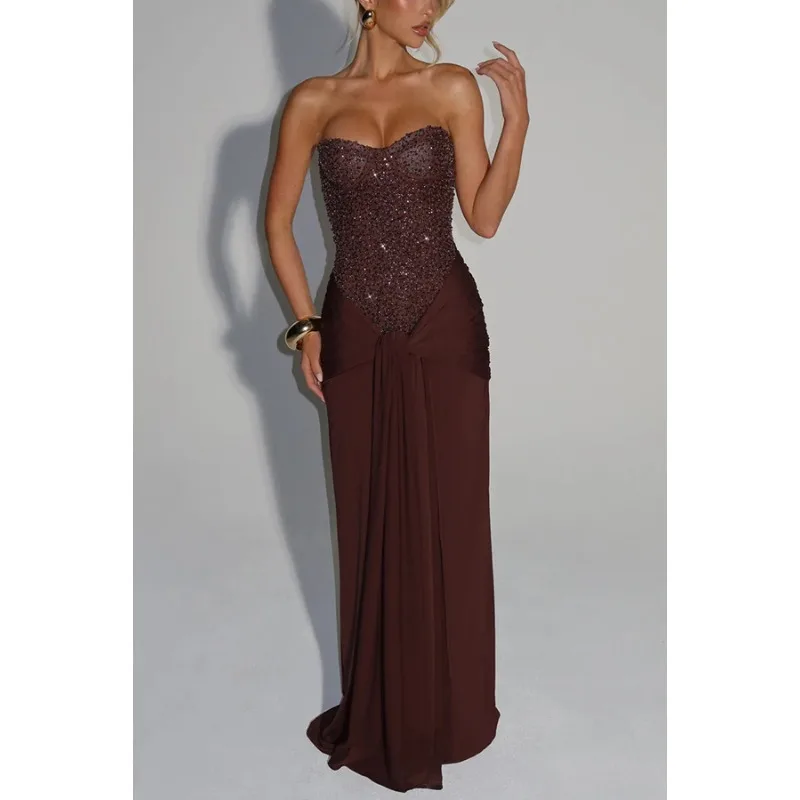 ชุดเดรสยาวทรงเมอร์เมดประดับเลื่อมสำหรับงานปาร์ตี้ งานแต่งงาน หรืองานรับปริญญา ดีไซน์หรูหราเปิดไหล่ ผ้าลูกไม้เข้ารูปทรงสวย