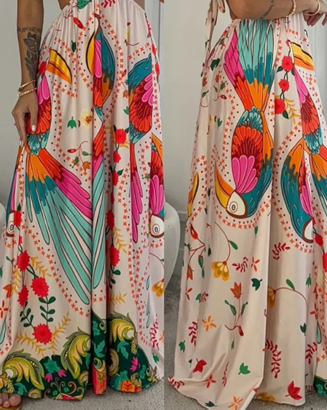 Jurken Dames Zomer 2025, Trend Tropische bloemenprint Maxi-jurk met uitgehold detail, roepingjurk