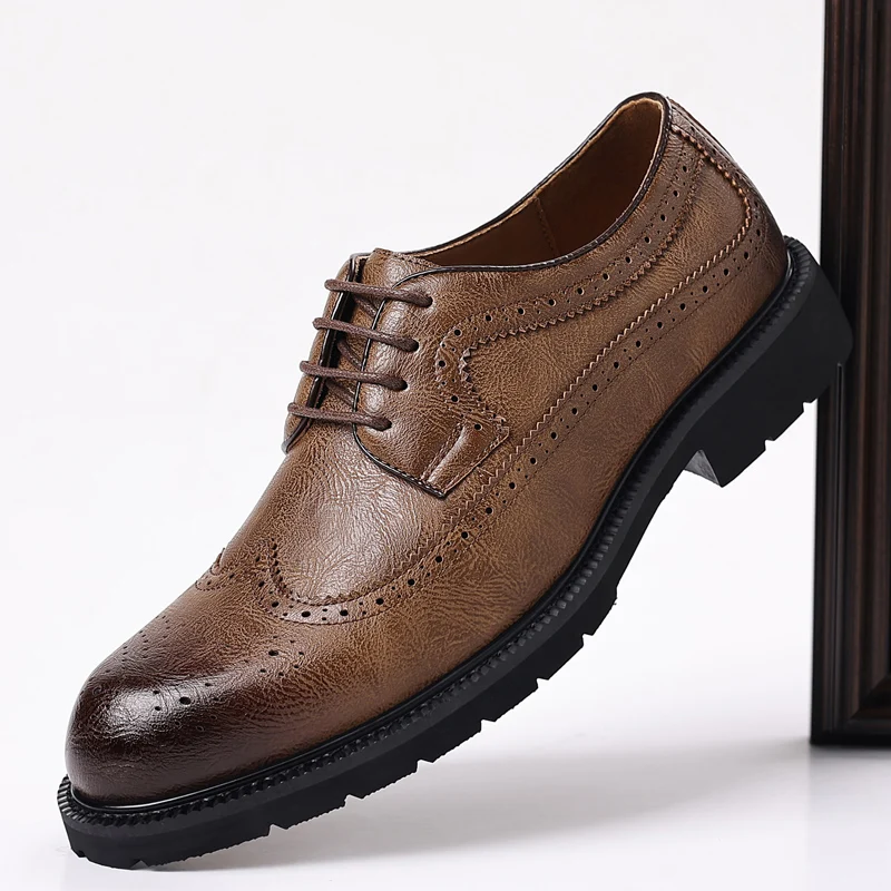 

British Style Lace-up Shoes Luxury Brand Business Oxford Shoes Low Heel Thick Soled Men's Fashion Designer Wedding Leather Shoes