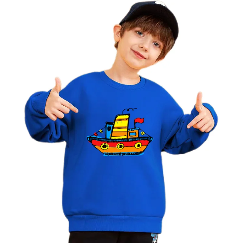 3-14Years Pullover Sweatshirts Cartoon Ship Print Long Sleeve Tops Fashion Trendy Cute Baby Unisex Kids Outdoor Wear