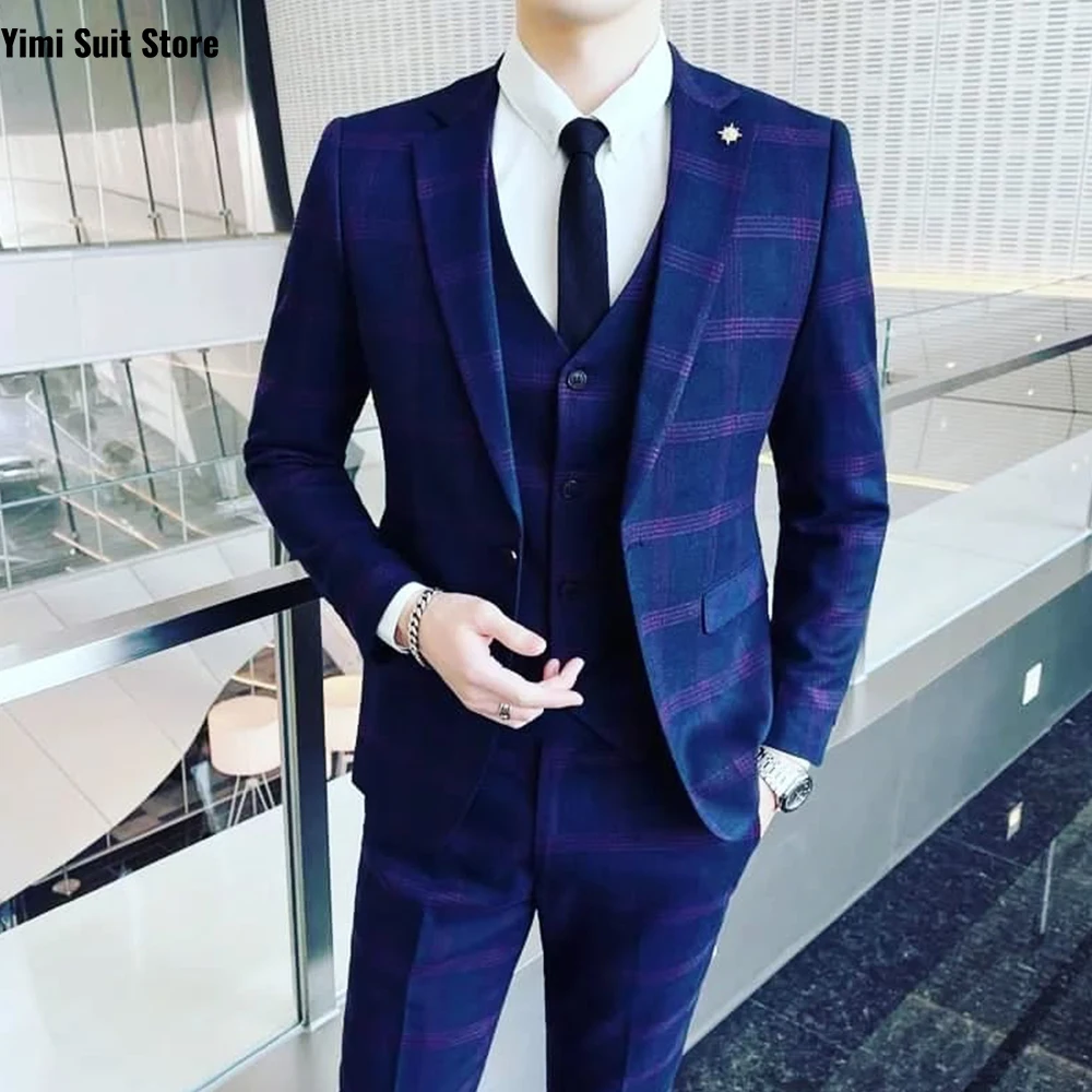 Traje de mezcla de lana a cuadros azul marino para hombre, traje de negocios ajustado de tres piezas (chaqueta + chaleco + pantalones), traje Formal de novio para fiesta de boda