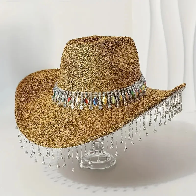 

Ковбойская шляпа со стразами, соломенная шляпа в западном стиле для женщин и мужчин, для вечеринок, пляжа, винтажных ковбойских аксессуаров, фестивалей, рейвов, кантри-музыки