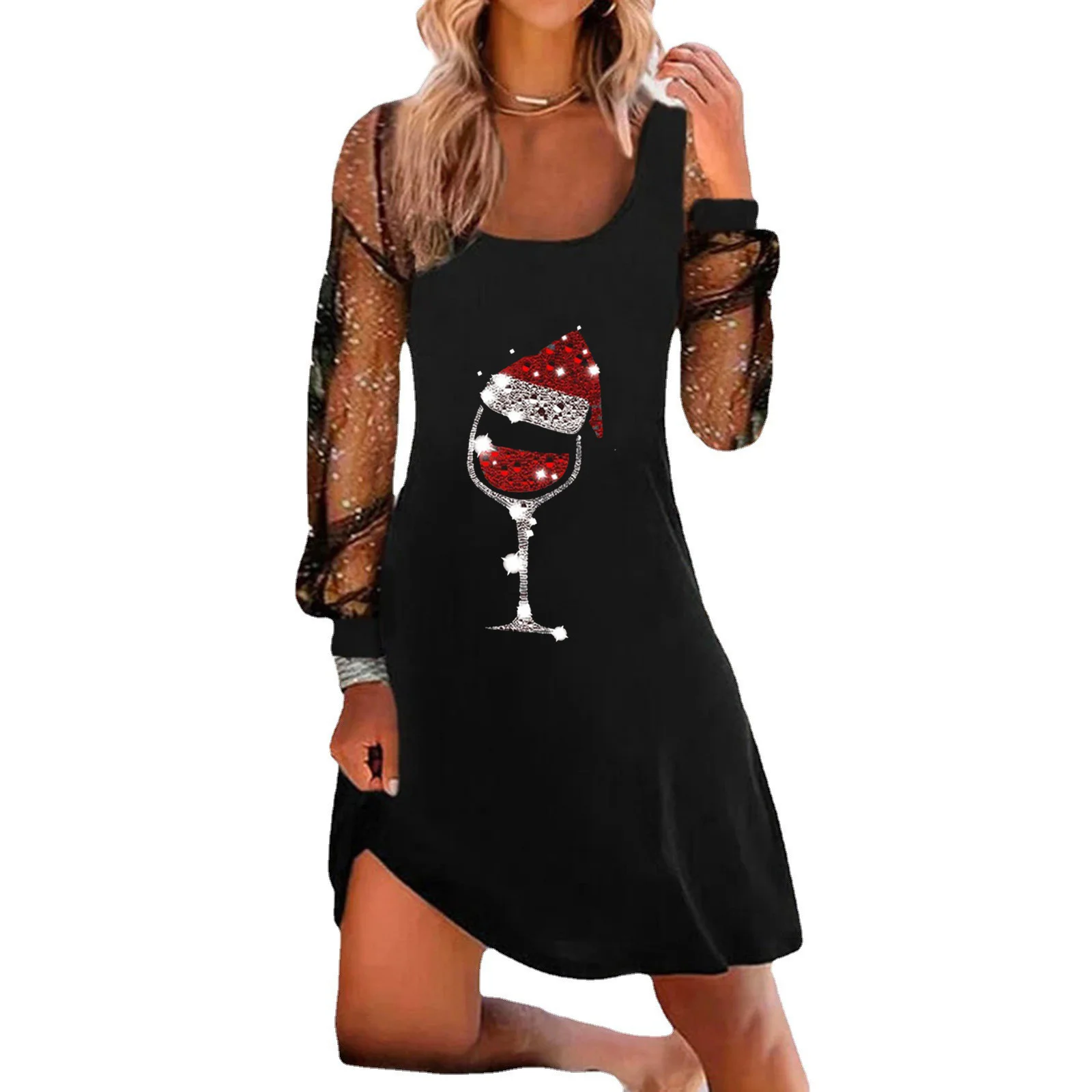 

2026 New Fashion Printed Sequin Lace Dress Women Spring Casual Loose Wine Glass Round Neck Long Sleeve Mini Dress For Women