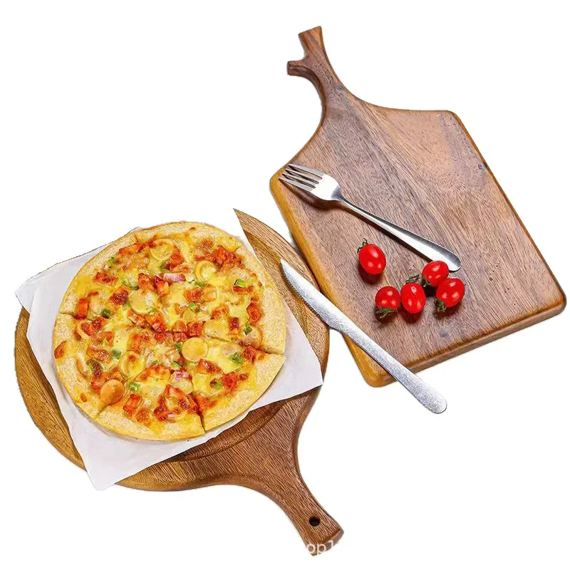 Round Wooden Pizza Plate Rectangular Steak Serving Tray Bread Board Natural Wood Tableware for Western Dining Kitchen Use
