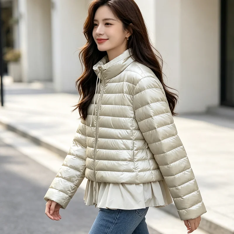 Ladies Glossy Quilted Short Down Jacket Stand Collar Drawstring Zip Front Ruffle Hem Puffer Coat Daily Casual Outerwear