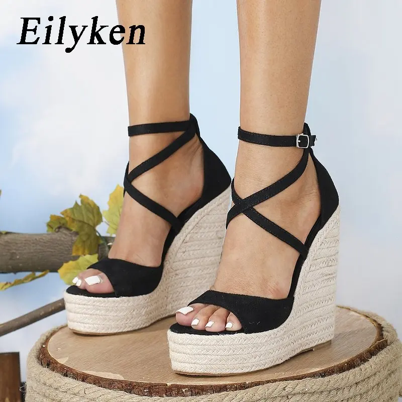 Eilyken Women Summer Solid Black Open Toe Ankle Buckle Strap Sandals Fashion Platform Cover Heel Wedge Shoes Zapatos Mujer