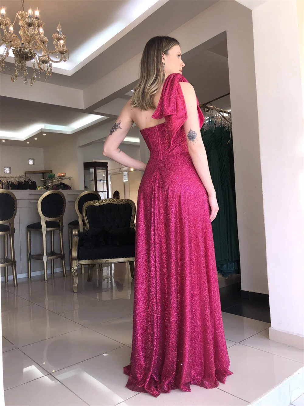 Sansa Gliiter One Shoulder Prom Dress Shiny Side High Split Vestidos De Noche Sexy Floor Lenght Maxi فساتين سهره فاخره 2023