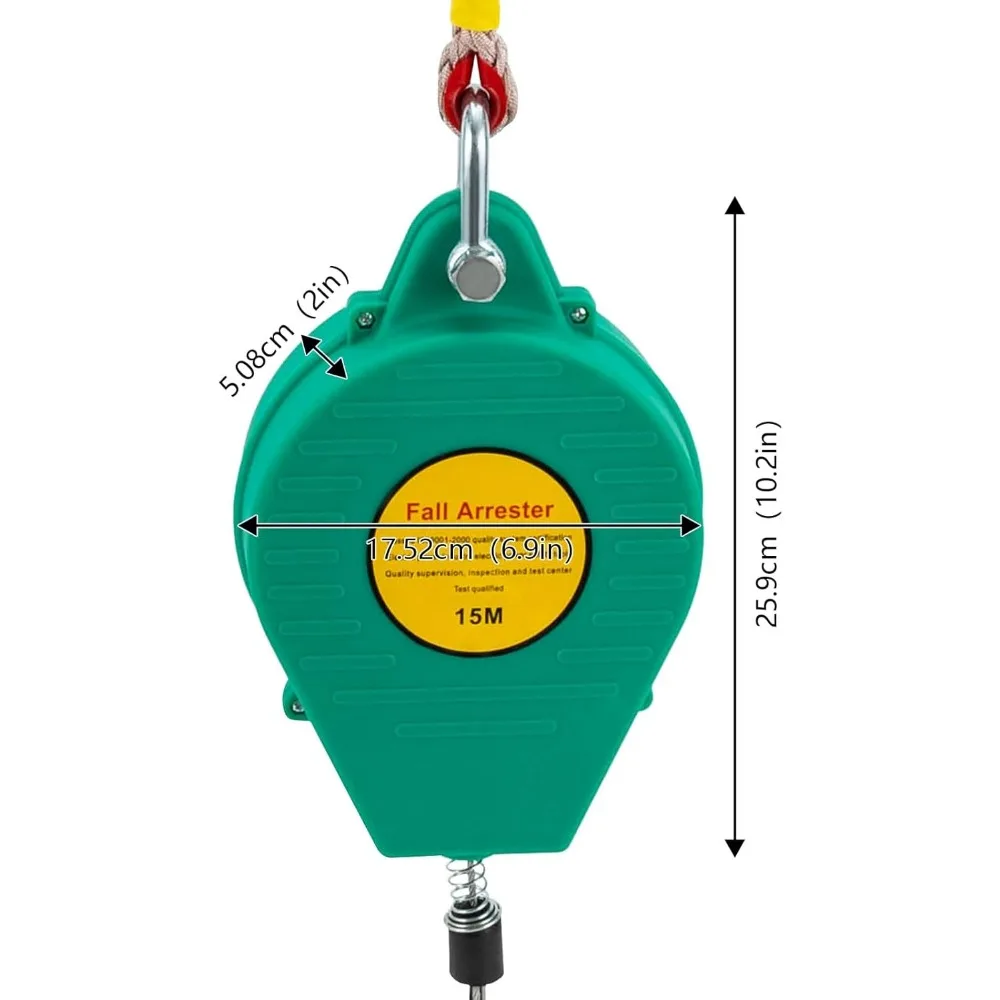 49.2ft(15m Green) Safety Self Retracting Lifeline Fall Arrester Fall Protection Device Portable Steel Wire Rope for Aerial Work