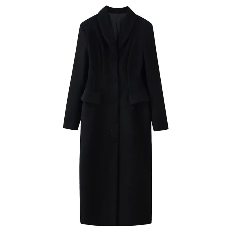 EAEOVNI Jesienno-zimowy długi płaszcz wełniany, kurtka z klapami, zapinana na guziki, marszczona w talii, jednolity kolor, odzież biurowa dla kobiet