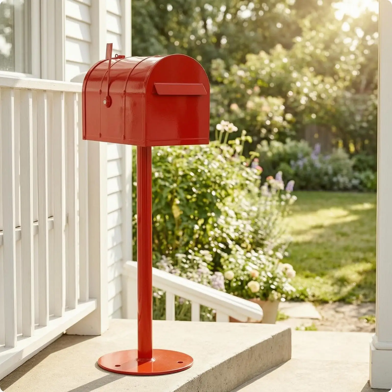 Decorative Mailbox with Post Red Metal Letterbox Vintage Exterior Style Sturdy Round Base for Garden Walkway and Home