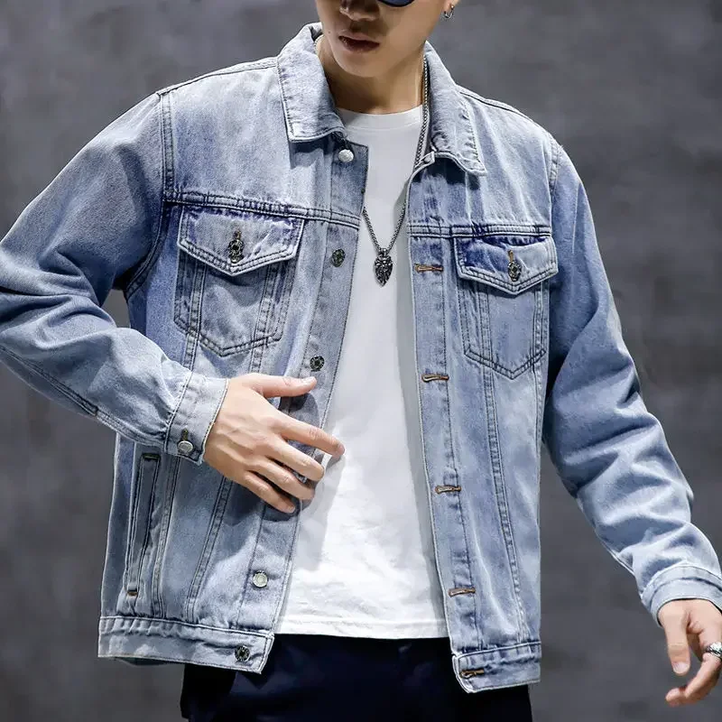 Male Jean Coats Autumn Pattern Men\'s Denim Jacket with Embroidery Blue Y2k High Quality Cowboy Fashion Loose G Trendy Cowgirl