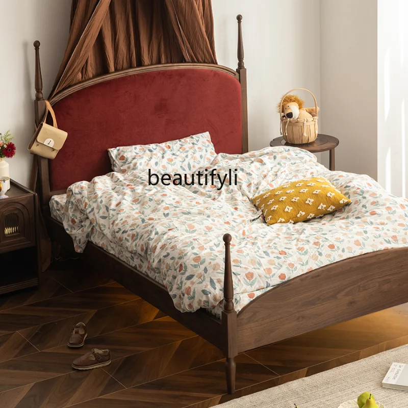 Nordic Retro Boys and Girls Soft Bag Solid Wood Bed Black Walnut Fabric Princess  Single Bed