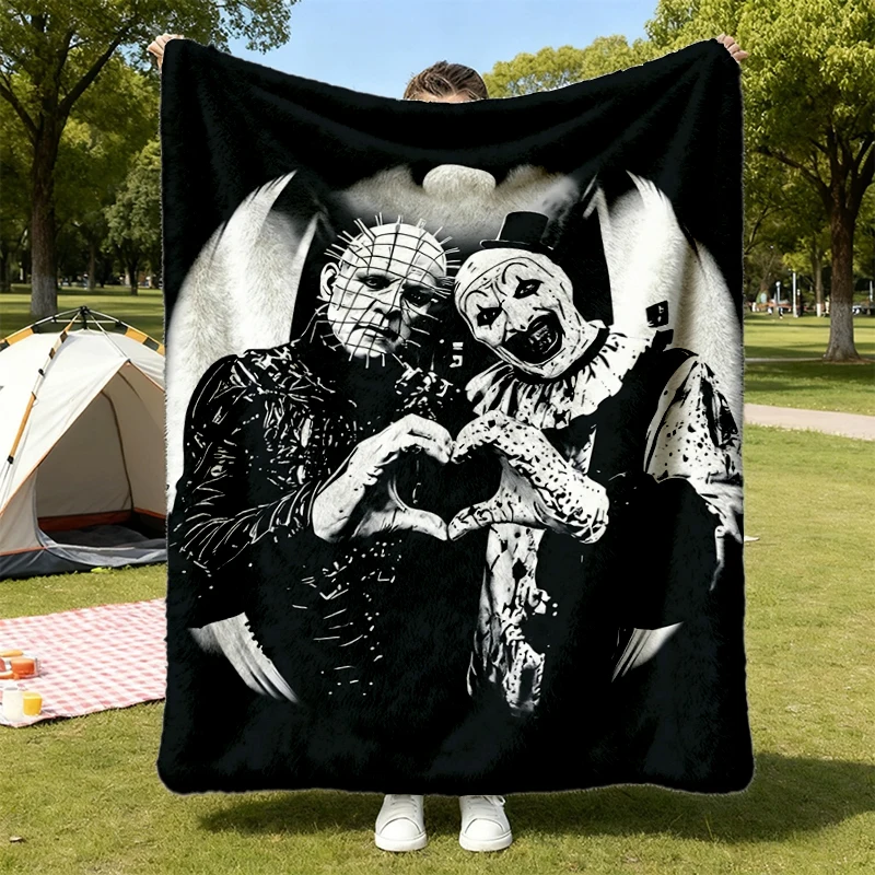 Pinhead and Art The Clown Heart Cozy Blanket, Terrifier Warm Blanket, Vintage Horror Movie Soft