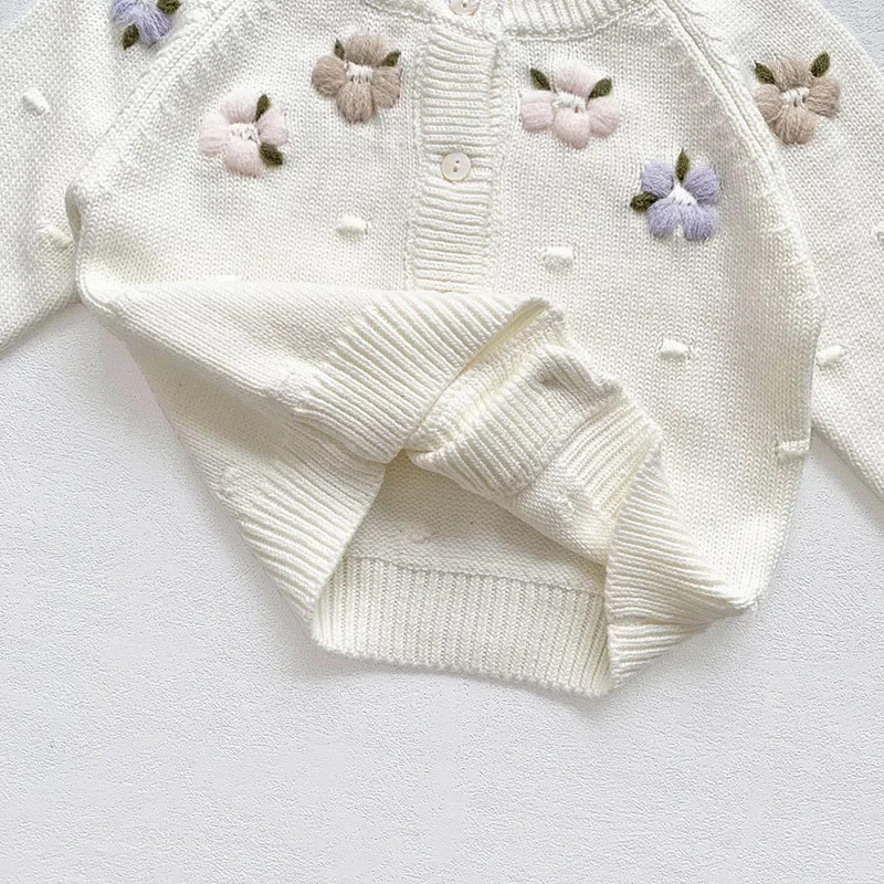 2024 New Autumn Baby Girls Knitting Cardigan Coat Long Sleeved Floral Embroidery Casual Loose Sweater Coat Kids Knitted Cardigan