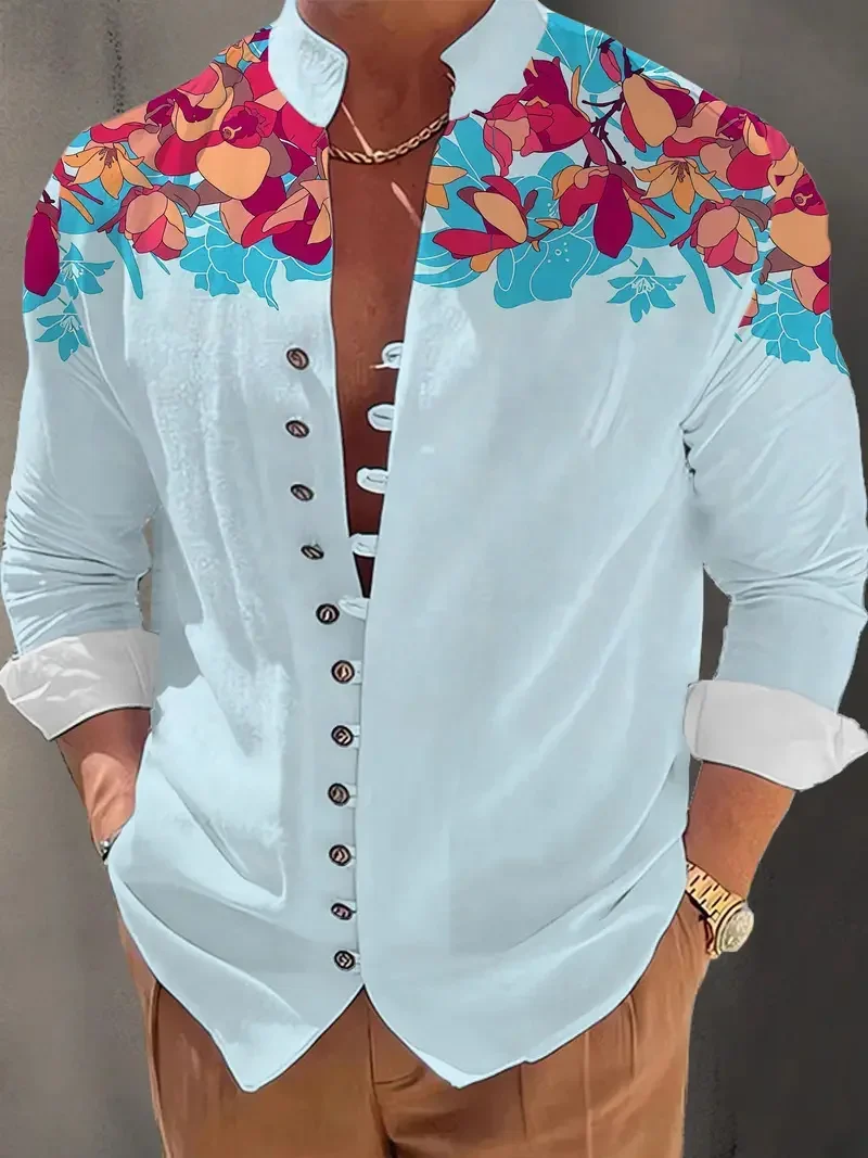 New Men's Long Sleeve Plants Flowers Birds Shirt 3D Printed Pattern Long Sleeve Clothing Fashion Business Casual Soft Fabric Top