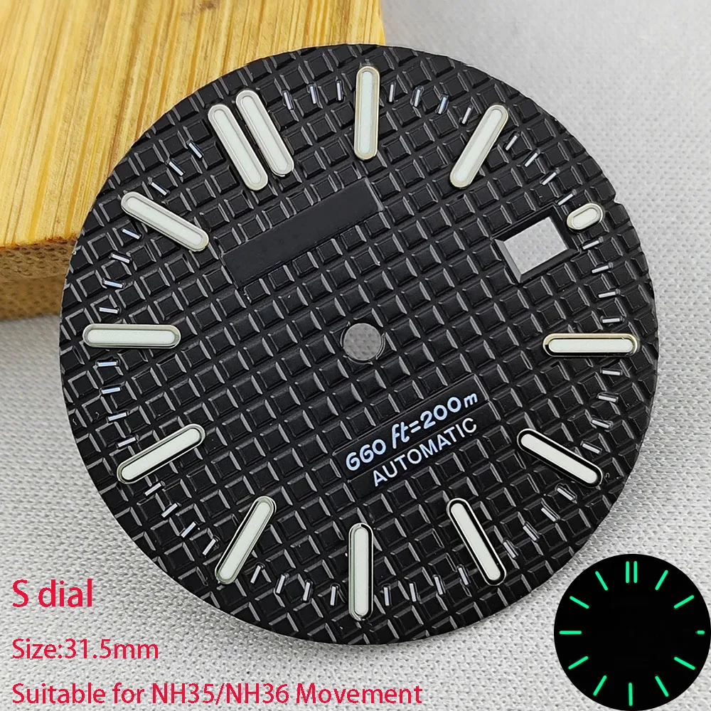 31.5Mm NH35/NH36 Dial Jam Tangan Dial S Hijau Dial Bercahaya Cocok untuk Pergerakan NH35/NH36 Aksesori Jam Tangan Alat Perbaikan Jam Tangan