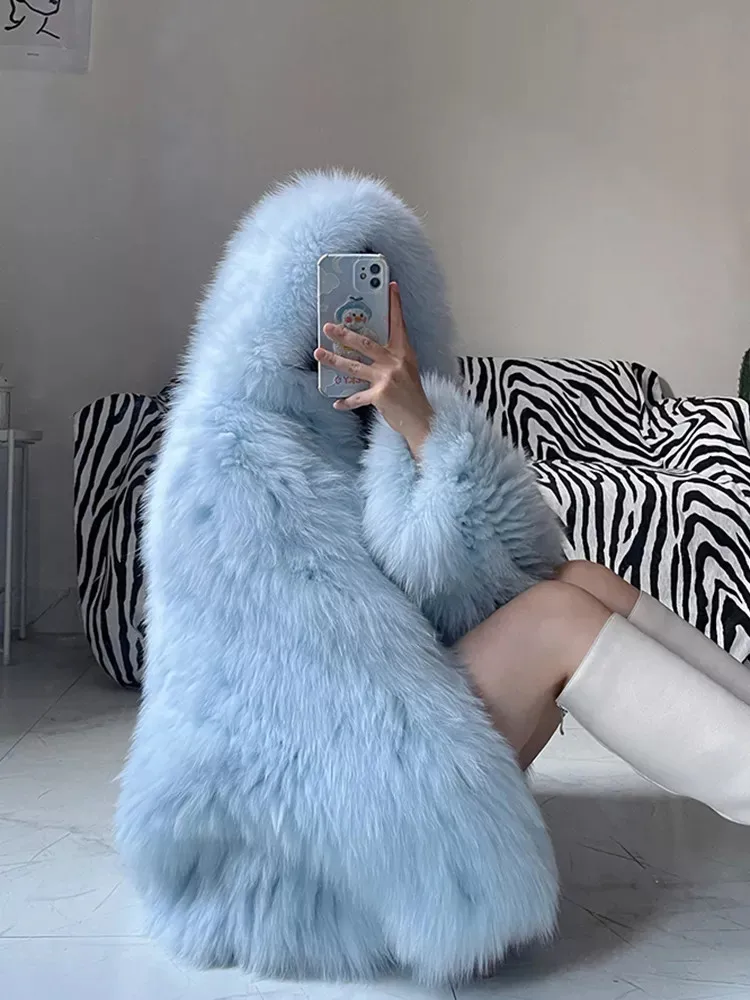 فو الثعلب الفراء معاطف النساء سترات من الفرو منتصف طول الأزرق مقنعين طويلة الأكمام سميكة الدافئة الفراء فضفاضة تناسب عادية 2025 الخريف الشتاء #5