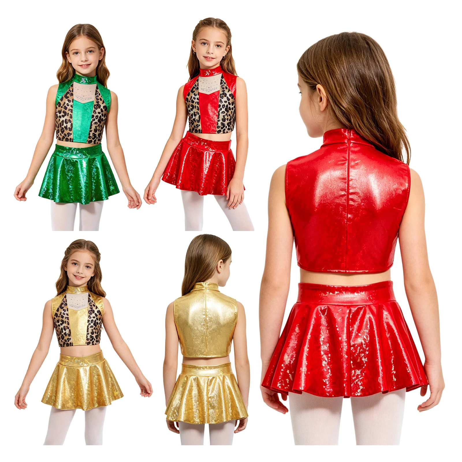 Kids Girls Metallic Jazz Dance Gymnastics Skating Cheerleading Costume Shiny Rhinestones Sleeveless Crop Top with Skirt Leotard