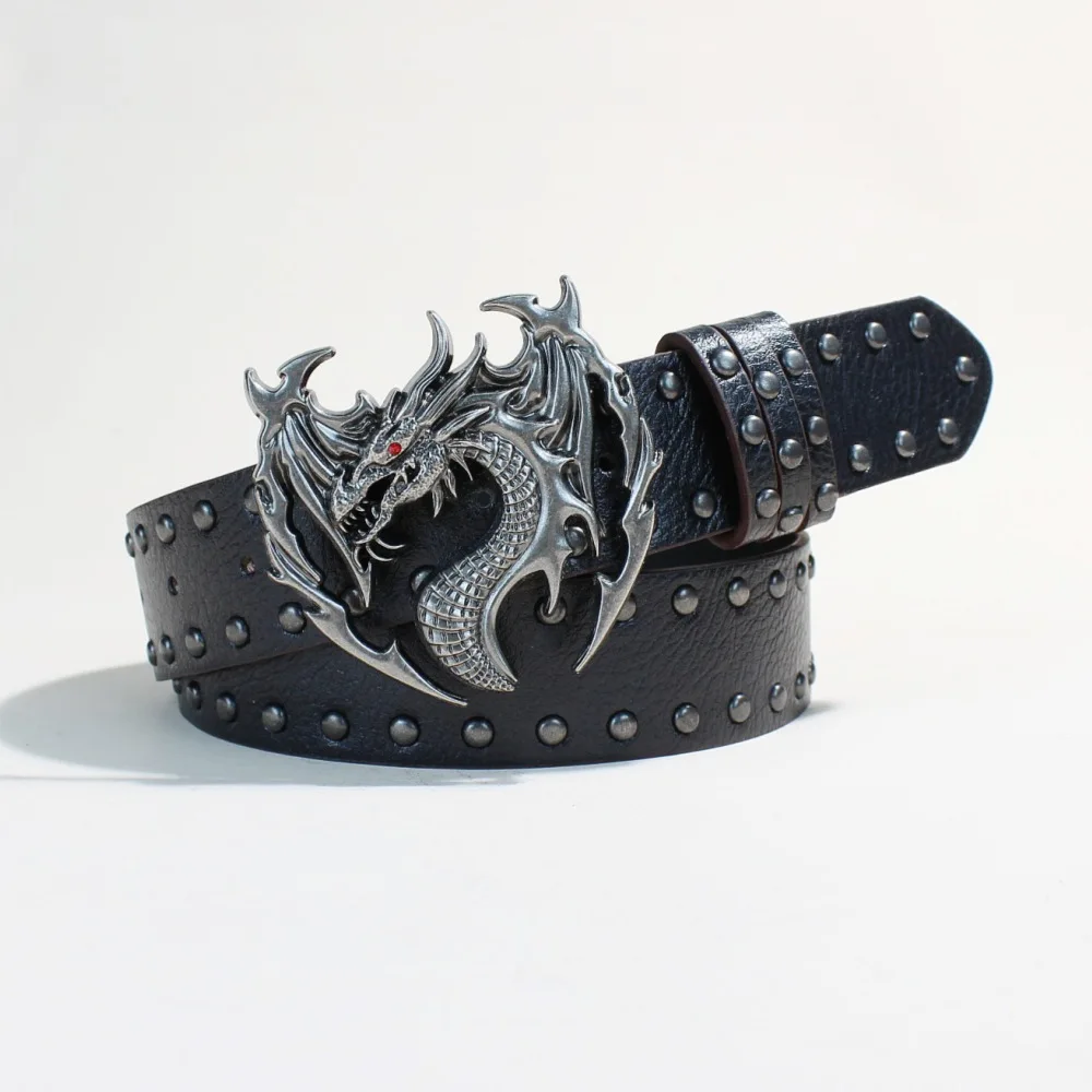 Men's Punk Studded Belt Vintage Dragon Head Buckle Crocodile Print Faux Leather Iris Stud Accents Biker Rock Gothic Style Belt