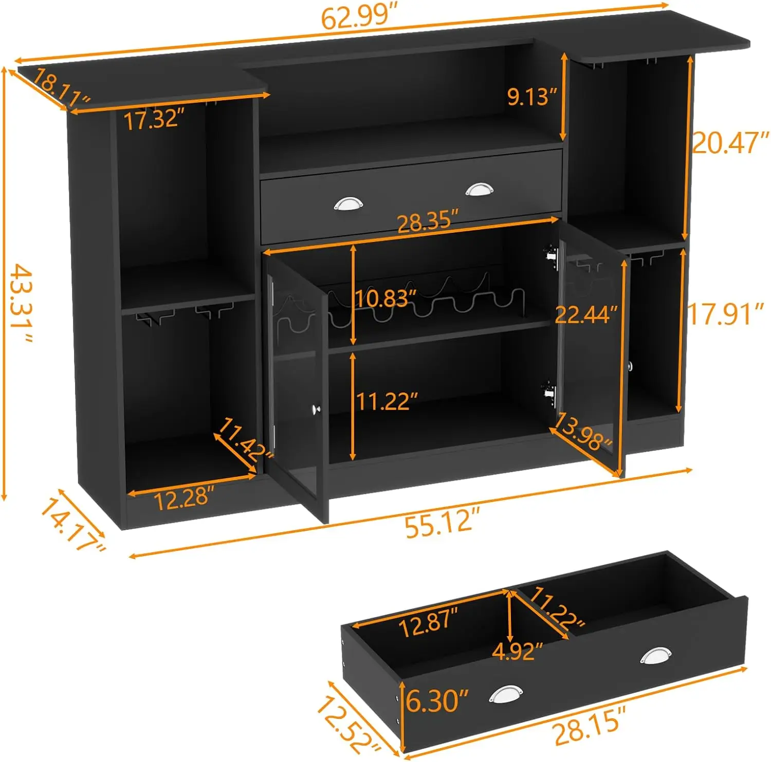 Bar Table Cabinet with LED & Drawer, Mini Liquor Bar with 8-Tier Storage & Stemware Holder, Wine Alcohol Bar Stand with Glass Do