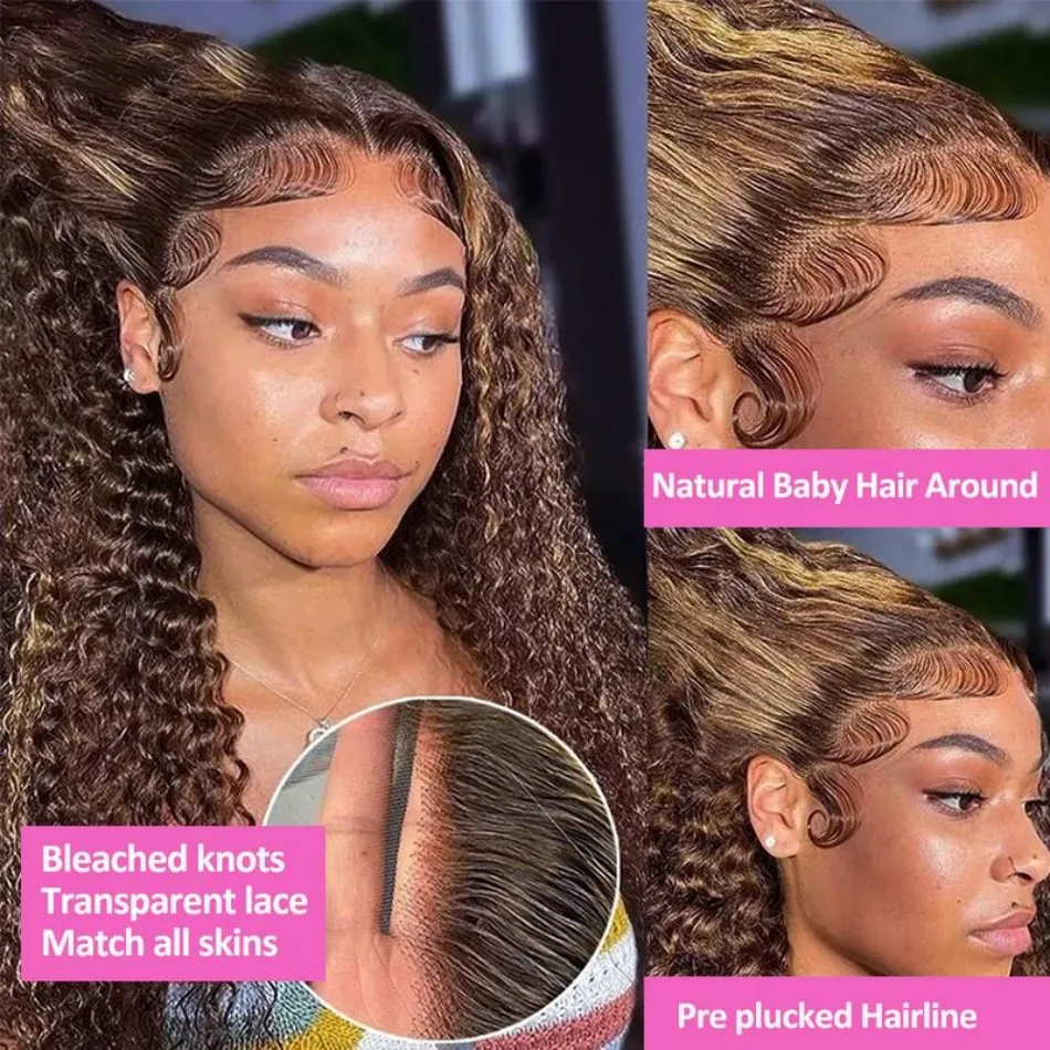 427 mettre en évidence Ombre perruque cheveux humains 13X6 Hd dentelle frontale perruques miel blond 360 pleine perruque de dentelle vague profonde perruques de cheveux humains 30 32 pouces