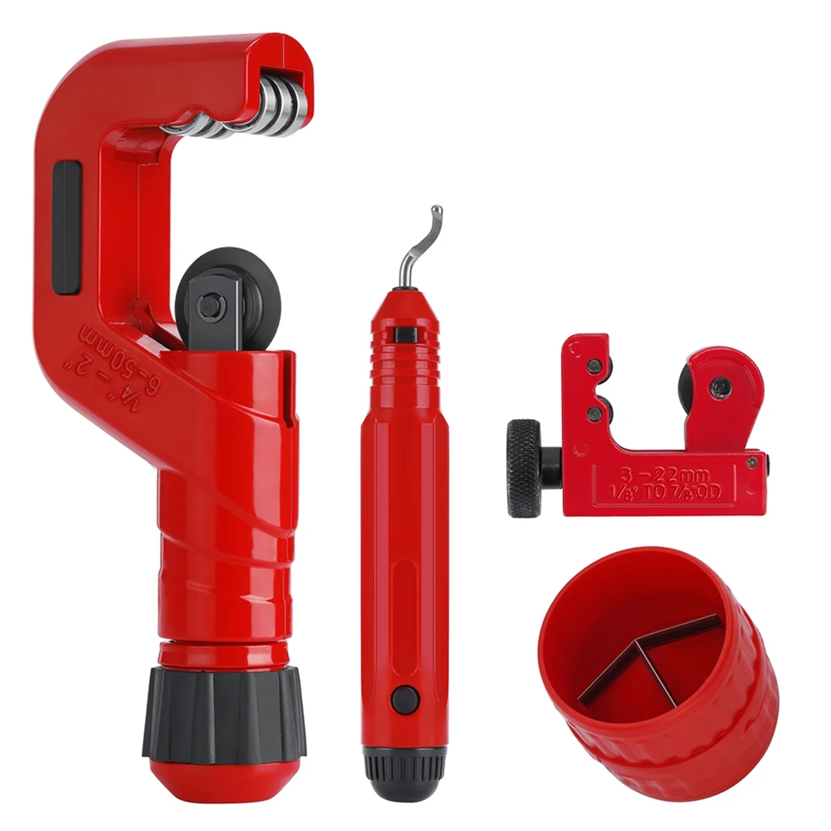 A002 4-Piece Tubing Cutter Set,1/4in to 2in OD Heavy Duty Copper Pipe Cutter,1/8in to 7/8in Mini Tube Cutter,Deburring Tool