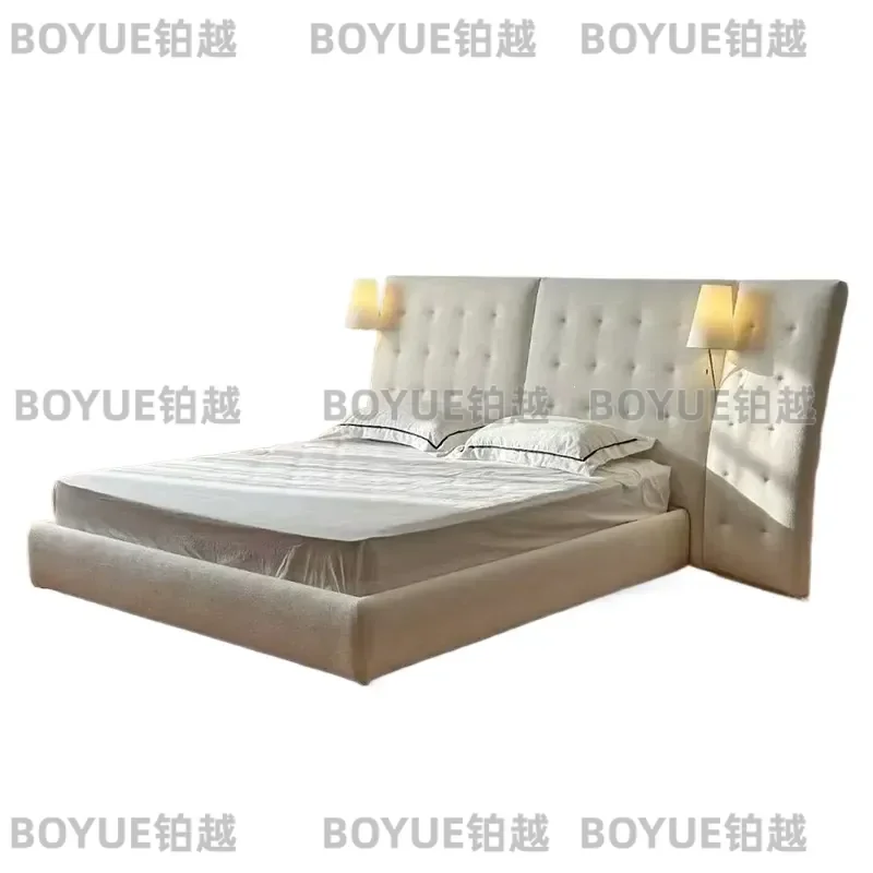 Italian Minimalist Cream Fabric Bed High Back Upholstered Double Master Bedroom Soft Padded Widescreen Headboard Modern