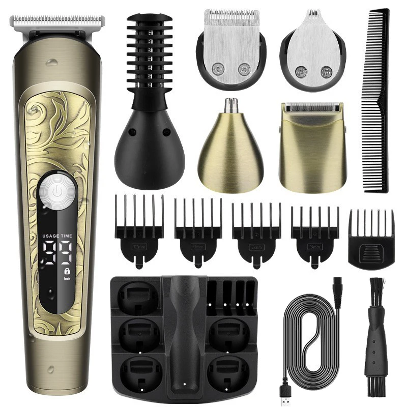 

Beard trimmer, men's waterproof beauty set and hair clipper, nose, ears, body and face, electric shaver with USB charging cable.