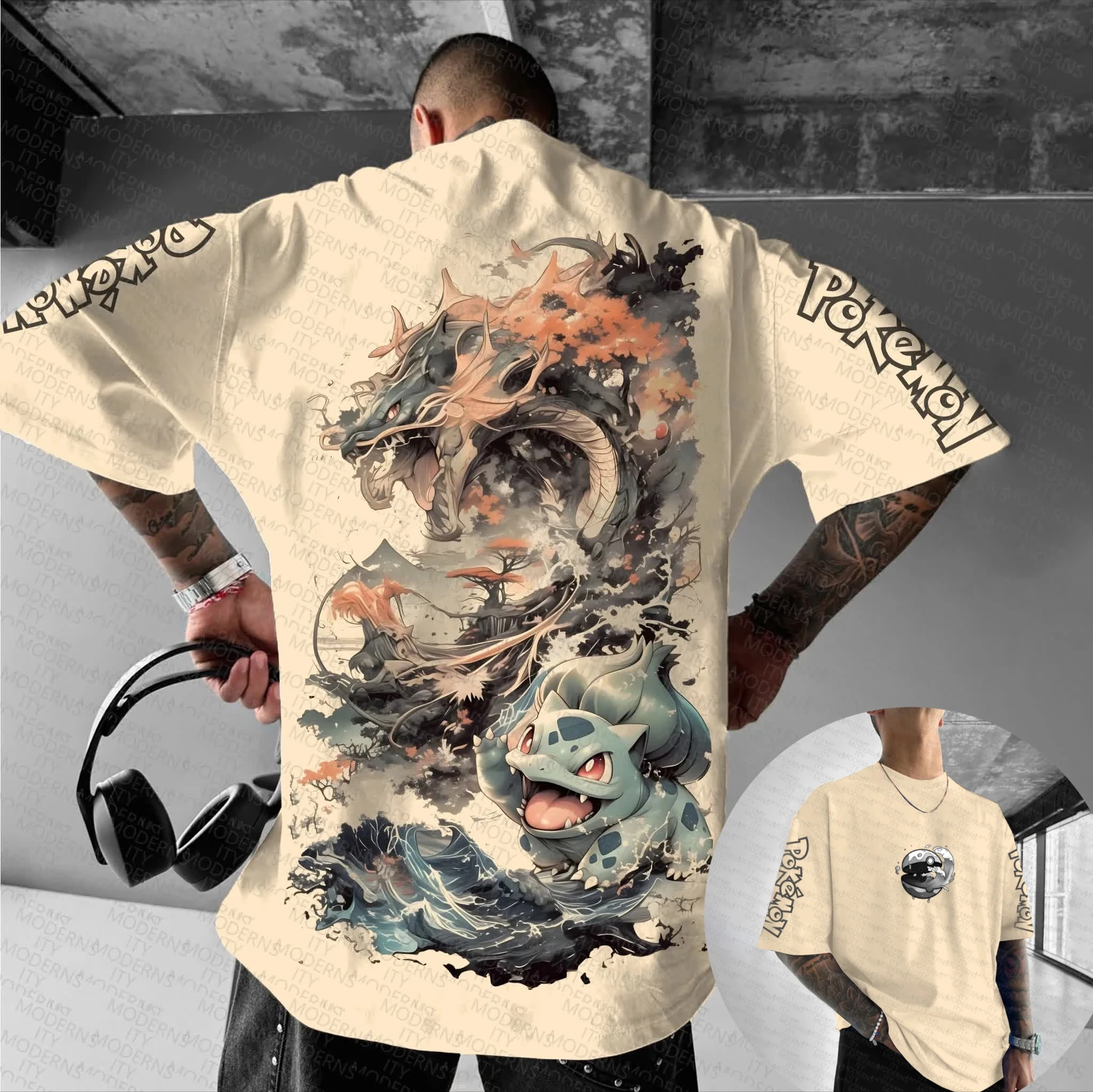 

Мужская футболка, мужская спортивная футболка с изображением Покемона Рейкюазы и Трикко, осенние листья и брызги волн, художественный принт на спине, мультяшный рисунок