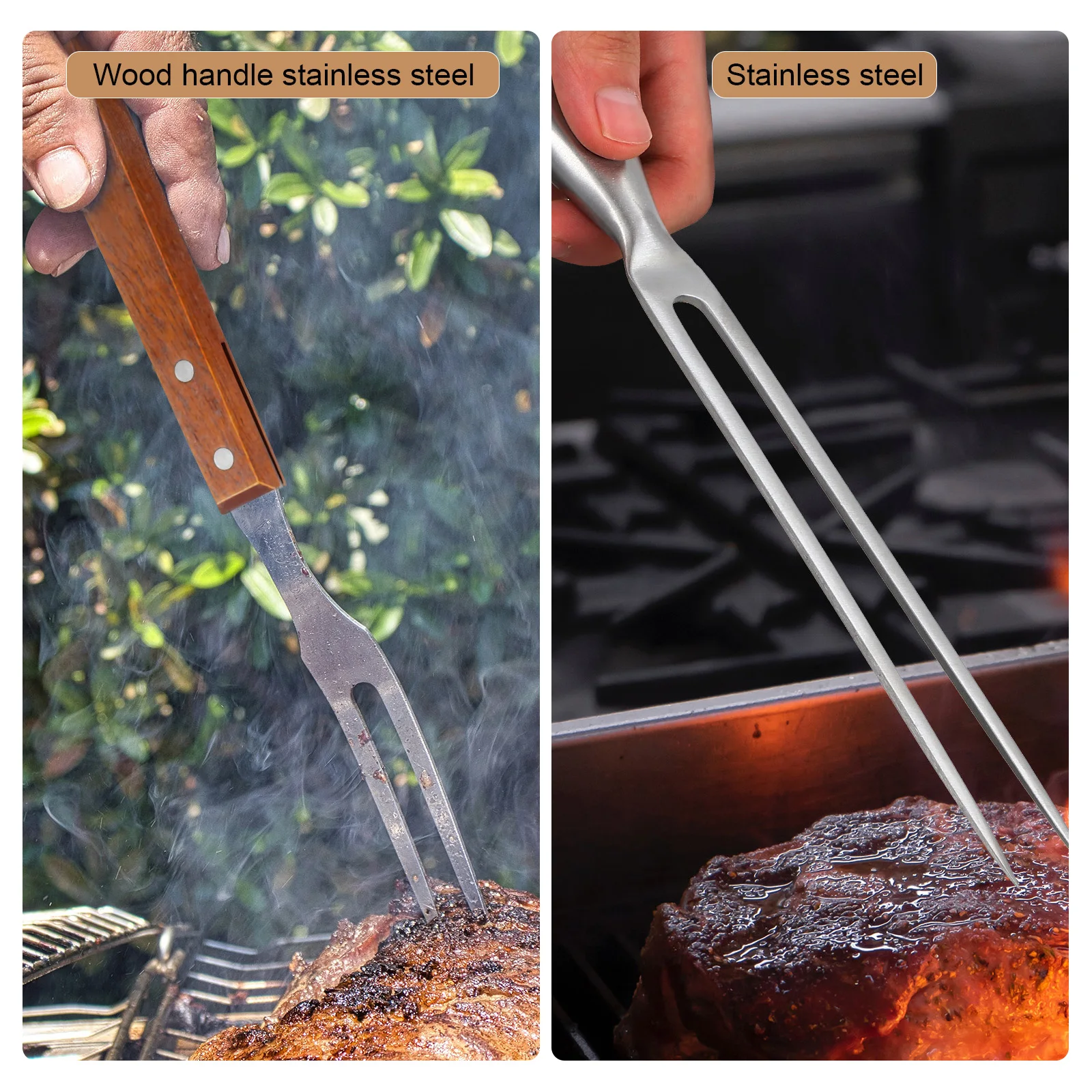 

2Pcs Stainless Steel BBQ Fork 29cm 33cm Wood H Carving Grilling Roasting Serving Tool Kitchen Barbecue Accessories