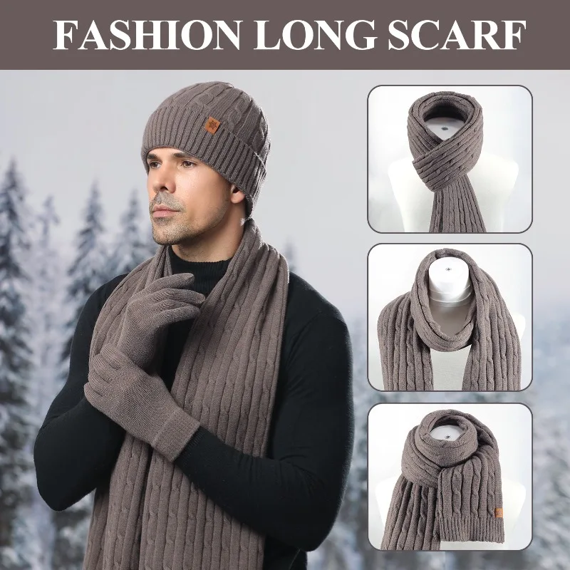 Set di tre pezzi di velluto invernale ispessito a prova di freddo in lana da ciclismo lavorato a maglia, cappello, sciarpa, guanti