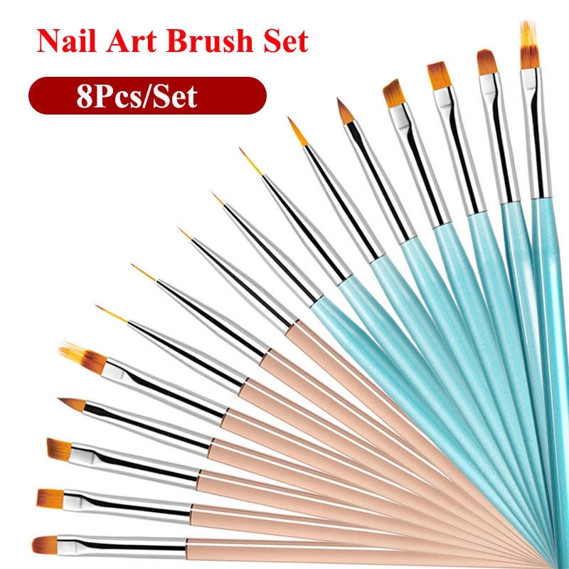 ชุดปากกาอะคริลิครูปเล็บ8ชิ้น/เซ็ตชุดแปรงอะคริลิคปากกาก่อสร้างปากกาเขียนเส้นอุปกรณ์ทำเล็บแบบ DIY ไล่ระดับสี