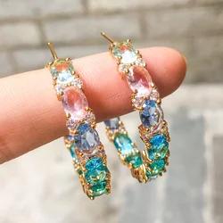 Luxury BOHO Big Hoop Earring Gold Color Bezel Setting Rainbow Colorful Cubic Zirconia European Women Lady Gorgeous Jewelry