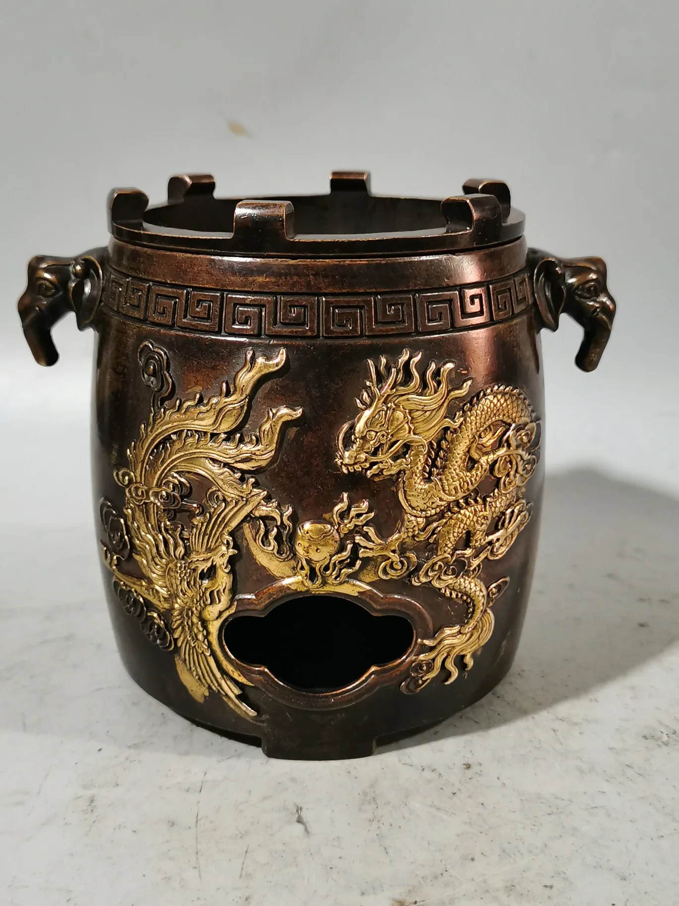 Retro Purple Copper Gilded Gold Dragon Phoenix Chengxiang Charcoal Stove Home Decoration Ornaments