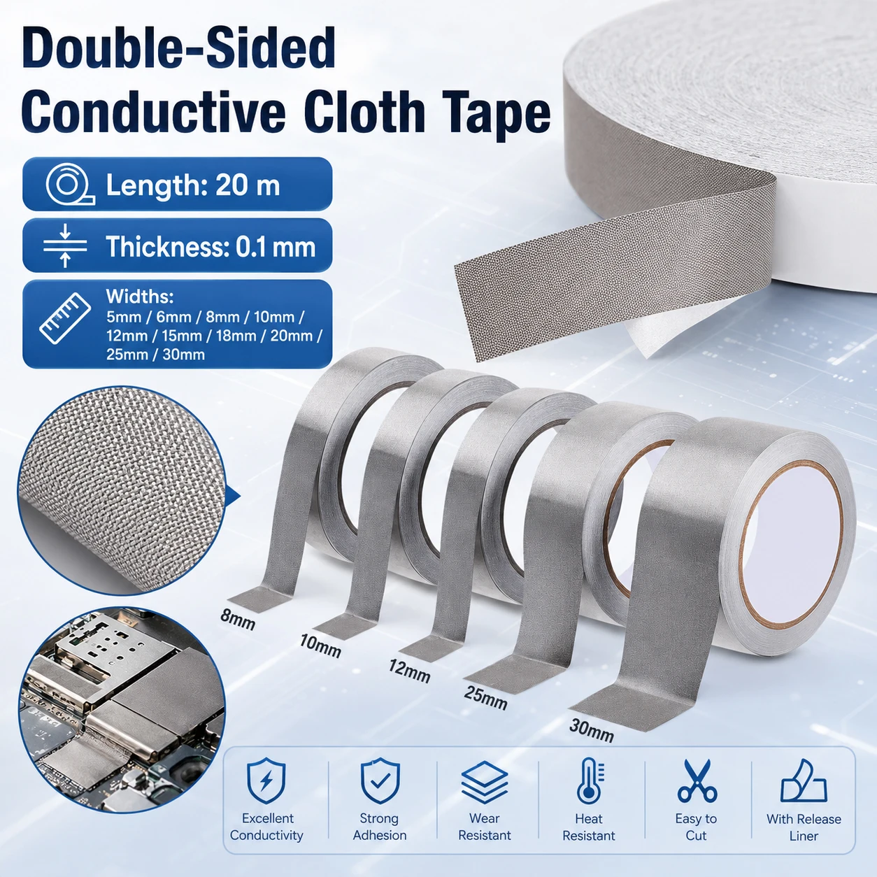 1-3Roll 20M Double-Sided Conductive Fabric Tape,5-50mm EMI Shielding Adhesive Tape for Laptop,Cellphone,LCD,Electronics Repair
