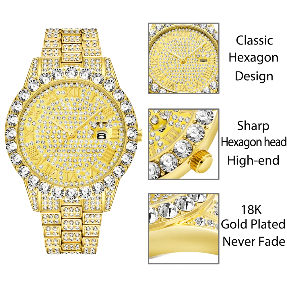 Luxury Men Watch Fashion Roman Numerals Full Diamond Quartz Wristwatch Hip Hop Bling Bling Iced Out Waterproof Clock Gift 2022