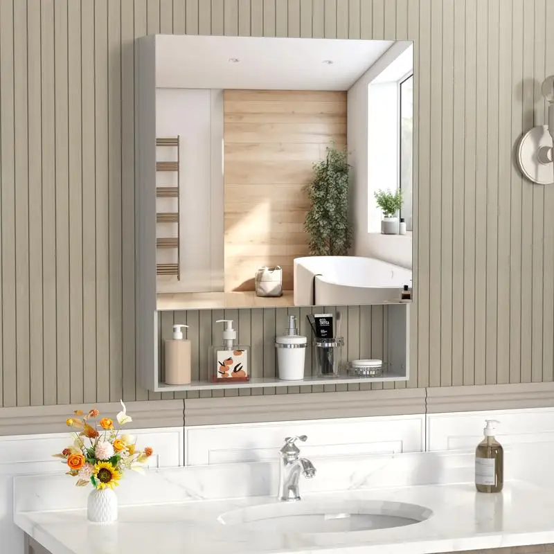 

24 x 30 Medicine Cabinet with Mirror, Wall-Mounted Bathroom Mirror with Storage, Adjustable Shelves, Aluminum Frame, Recessed