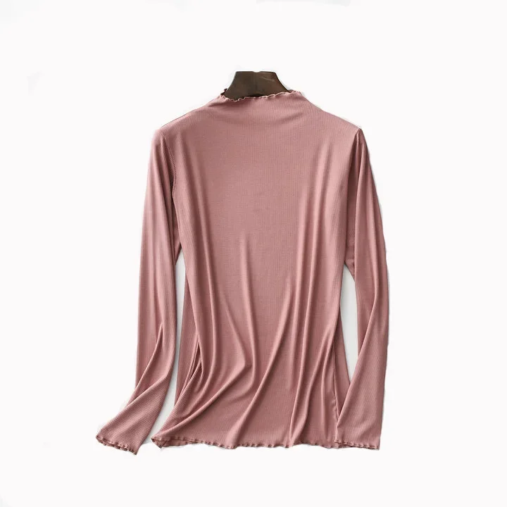 2025 الربيع والخريف مشروط شبه الياقة المدورة أسفل قميص المرأة طويلة الأكمام قناع تي شيرت الفطريات حافة رقيقة بلون علوي