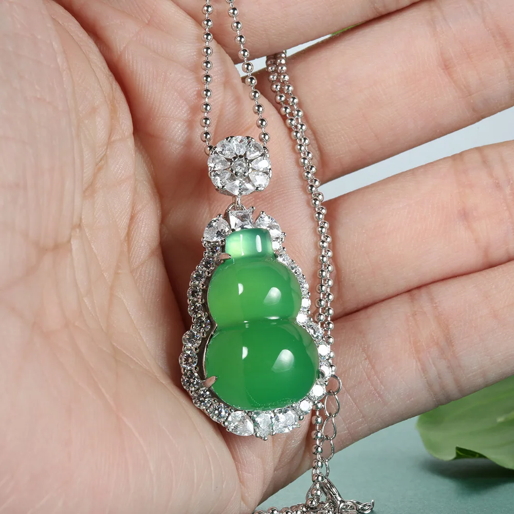 S925 silver whole body sterling silver chalcedony green gourd necklace green agate Buddha bead necklace inlaid new Chinese style