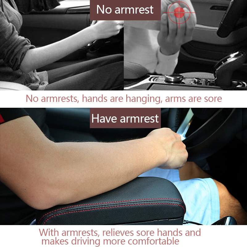 SEAMETAL Car Armrest Box Universal Elbow Rest Pad Organizer Storage Box Adjustable Height Support Cushion with USB Charging Wire