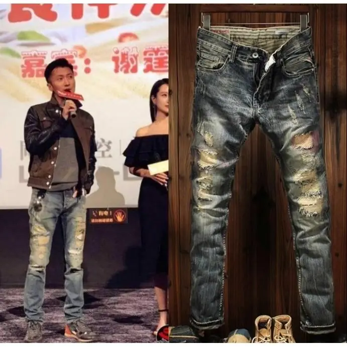 

Осенне-зимние высококачественные облегающие эластичные джинсы, мужские легкие дырки с нашивкой для нищего, ностальгические брюки на маленькие ноги, рабочие брюки-карго