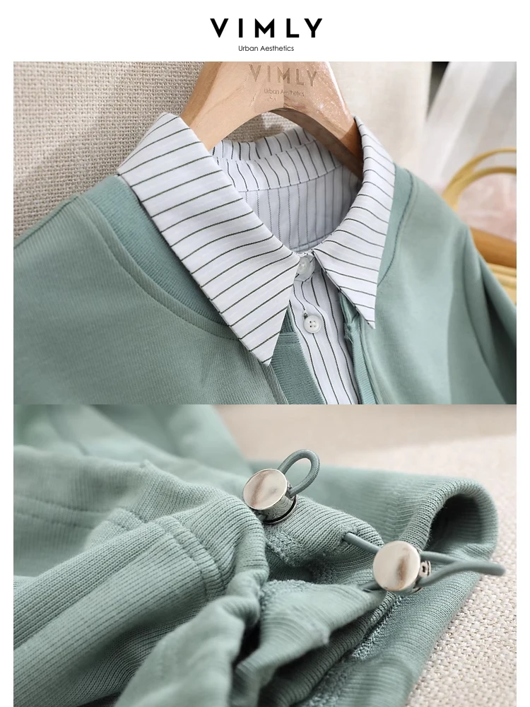 Vimly Striped Shirt Collar 2 in 1 Pullover Sweatshirts for Women Spring Autumn Elastic Hem Fake Two Piece Long Sleeve Top M2698