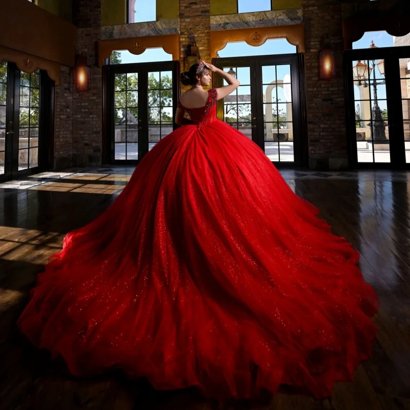 Shiny Red Quinceanera Dress off-shoulder Glitter Crystal Decal Long tail vestidos de 15 Quinceanera ﻿Customize