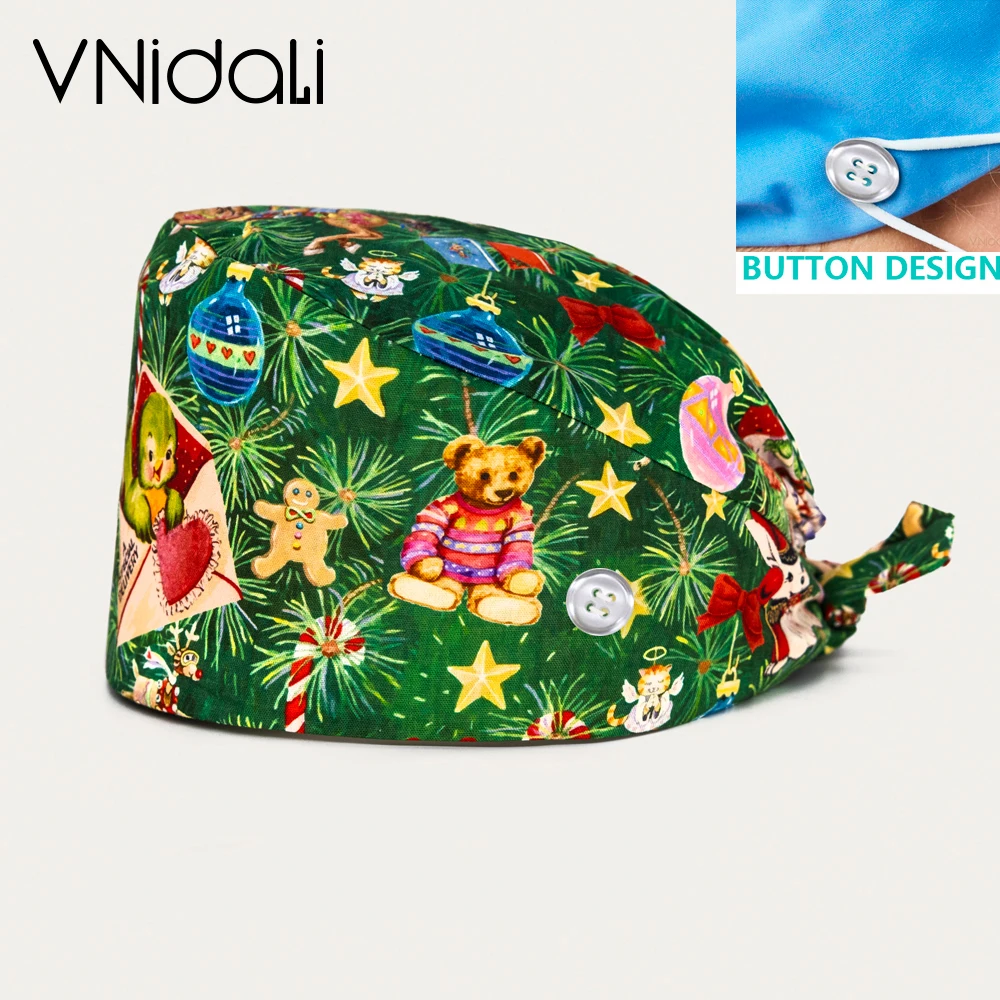 

Christmas printing With buttons women and men's scrubs hat Medical Surgical Caps Pet hospital Doctor Working Laboratory Cap