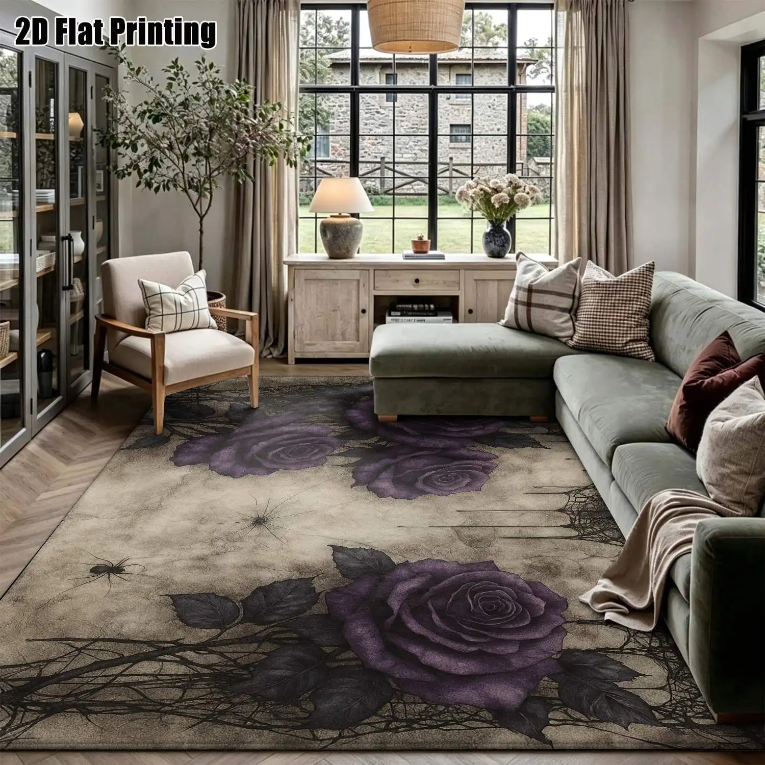 1Pc 2D Printed Retro Deep Purple Rose Pattern Carpet, European/Bohemian/Floral/Geometric Style, Machine Washable, Multiple Sizes, Home Decor & Multi-Scene Use