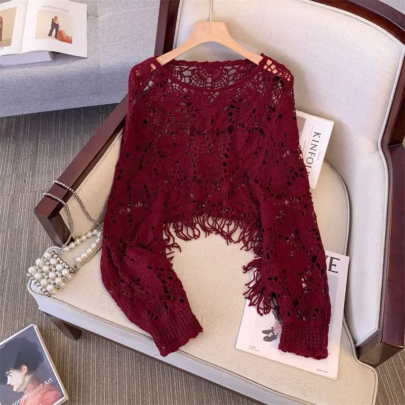 Wine Red Boho Vintage Crochet Crop Top Women Round Neck Long Batwing Sleeve Fringe Trim Hollow Out Loose Fit Casual Daily Outfit