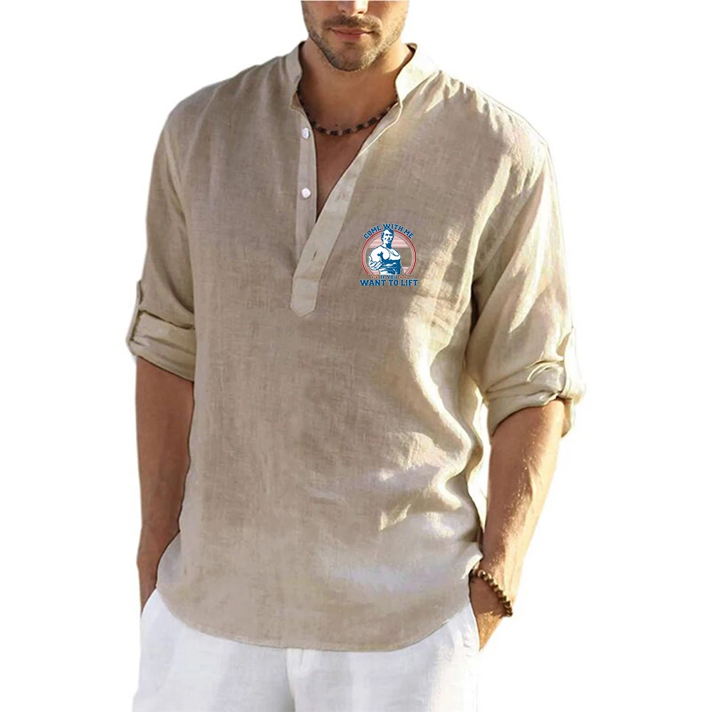Come with Me If You Want To Lift Streetwear Men Lightweight Shirts Long Sleeve Cotton Linen Shirts Breathable Collar T shirts