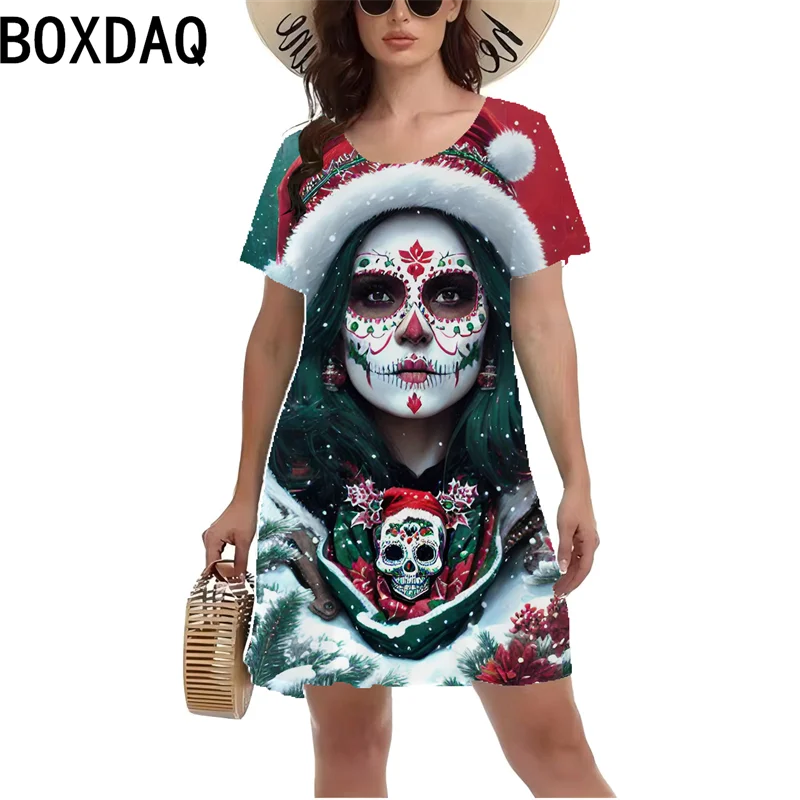 3D Horror Undead Skull Pattern Dress Short Sleeve O-Neck Casual A-LIne Dress Big Size 3XL Female Gothic Style Dress Vestidos