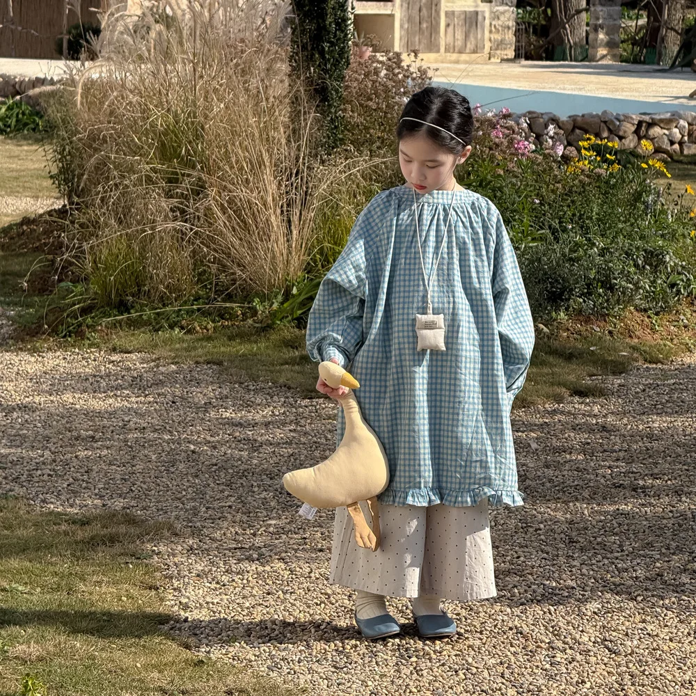 

Детское платье 2026: Весенне-осеннее повседневное свободное платье для девочек с кружевом, клетчатым узором, длинной юбкой и длинными рукавами